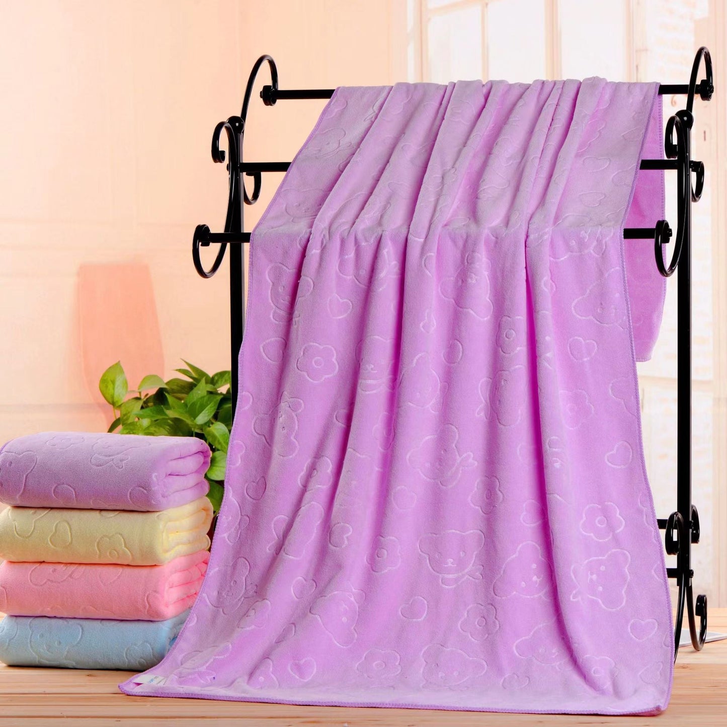 2-Pack Purple Embossed Microfiber Bear Bath Towels â€“ 70 x 140 cm, Ultra-Absorbent and Soft for Bath, Beach & Gym
