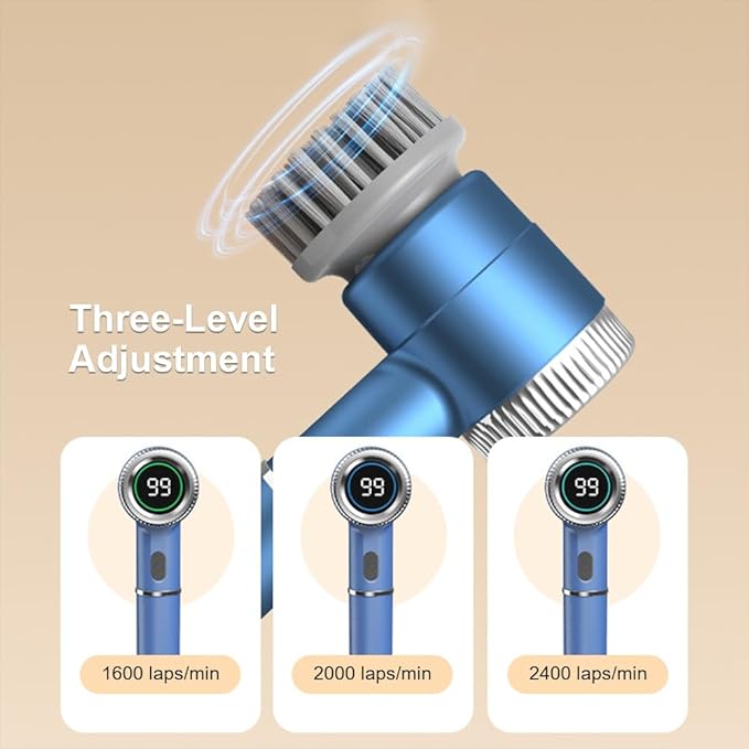 Blue Wireless Electric Cleaning Brush â€“ Rechargeable, 3-Speed, IPX7 Waterproof with 5 Replaceable Brush Heads for Kitchen, Dishes & Deep Cleaning