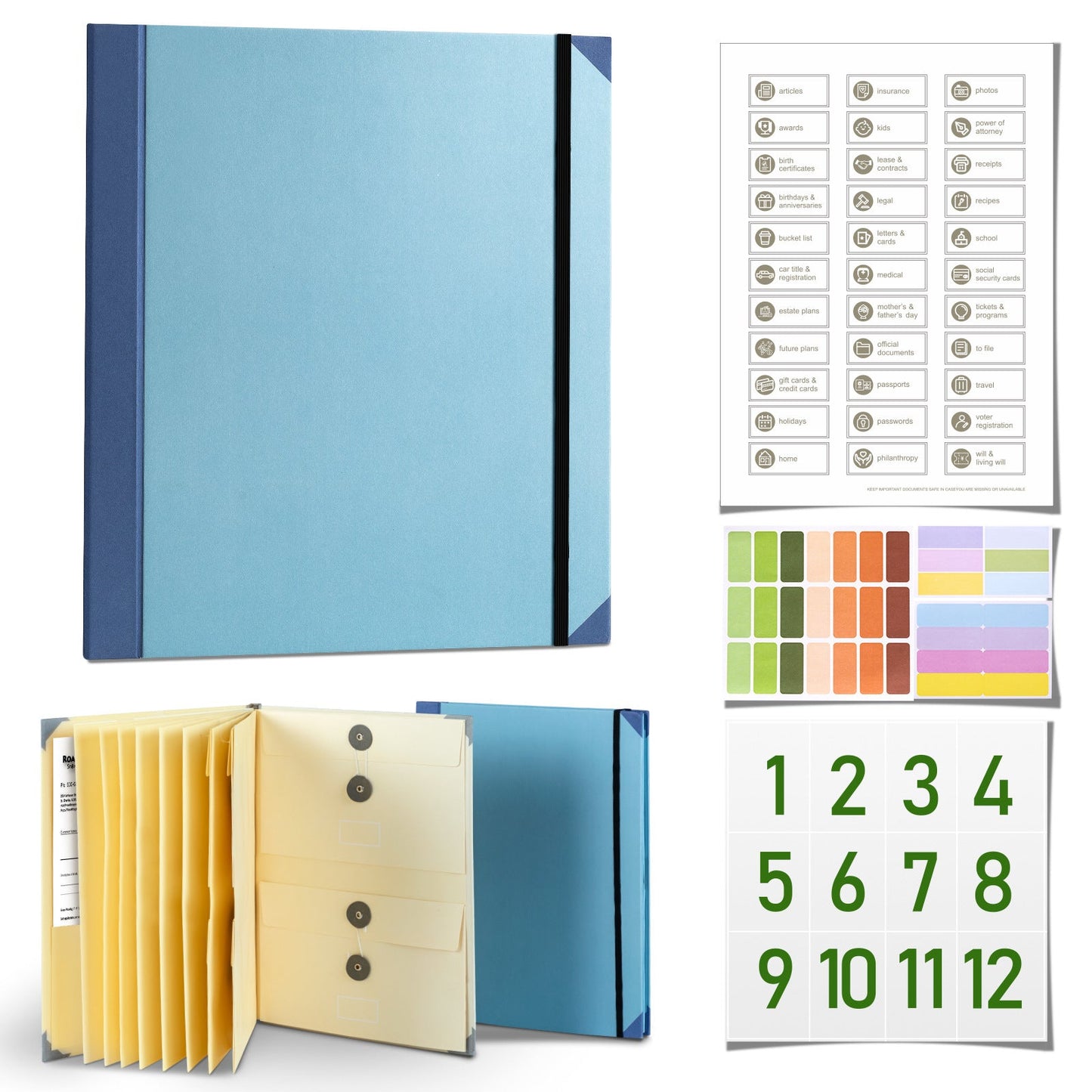 Blue Important Document Organizer Folder with 10 Manila Envelopes and Acid-Free Paper for Home Office Estate Planning and Aussie Travel