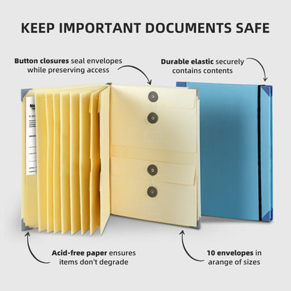 Khaki Important Document Organizer Folder with 10 Manila Envelopes and Acid-Free Paper for Home Office Estate Planning and Aussie Travel
