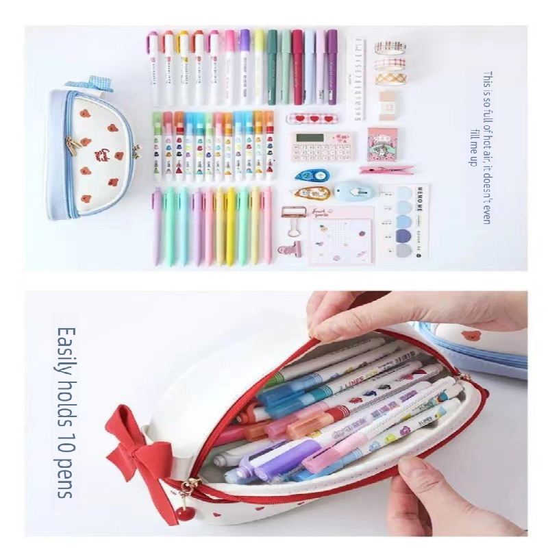 Red Large Capacity Double Layer Pencil Case Waterproof PU Leather Stationery Organizer for Australian Students and Office Use High Capacity Makeup Bag