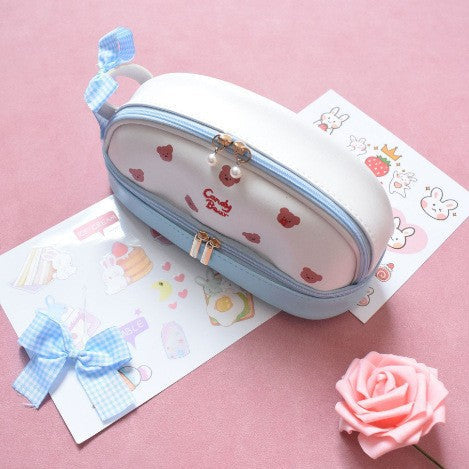 Blue Large Capacity Double Layer Pencil Case Waterproof PU Leather Stationery Organizer for Australian Students and Office Use High Capacity Makeup Bag
