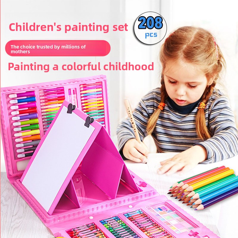 Pink 208-Piece Kids Art Set with Built-in Trifold Easel Drawing and Painting Kit for Students with Watercolor Pens Crayons and Pencils for Aussie Homes