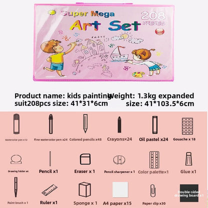 Pink 208-Piece Kids Art Set with Built-in Trifold Easel Drawing and Painting Kit for Students with Watercolor Pens Crayons and Pencils for Aussie Homes