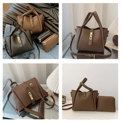 Black Retro 2-Piece Women's Bucket Bag Set with Removable Inner Pouch PU Leather Crossbody Handbag and Fashionable Tote for Australian Everyday Use