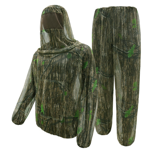 Bark and green leaves Camouflage Mosquito Repellent Suit Ultra-Fine Mesh Hooded Ghillie Suit for Outdoor Hunting Camping Fishing and Beekeeping(XL/XXL)