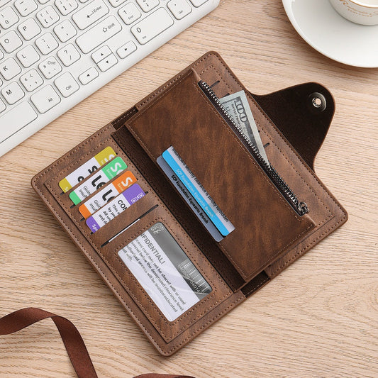 Dark coffee Vintage Men's Long Wallet Slim PU Leather Clutch with Multi Card Slots and External Zipper Pocket, Large Capacity Fashion Purse for Daily Use