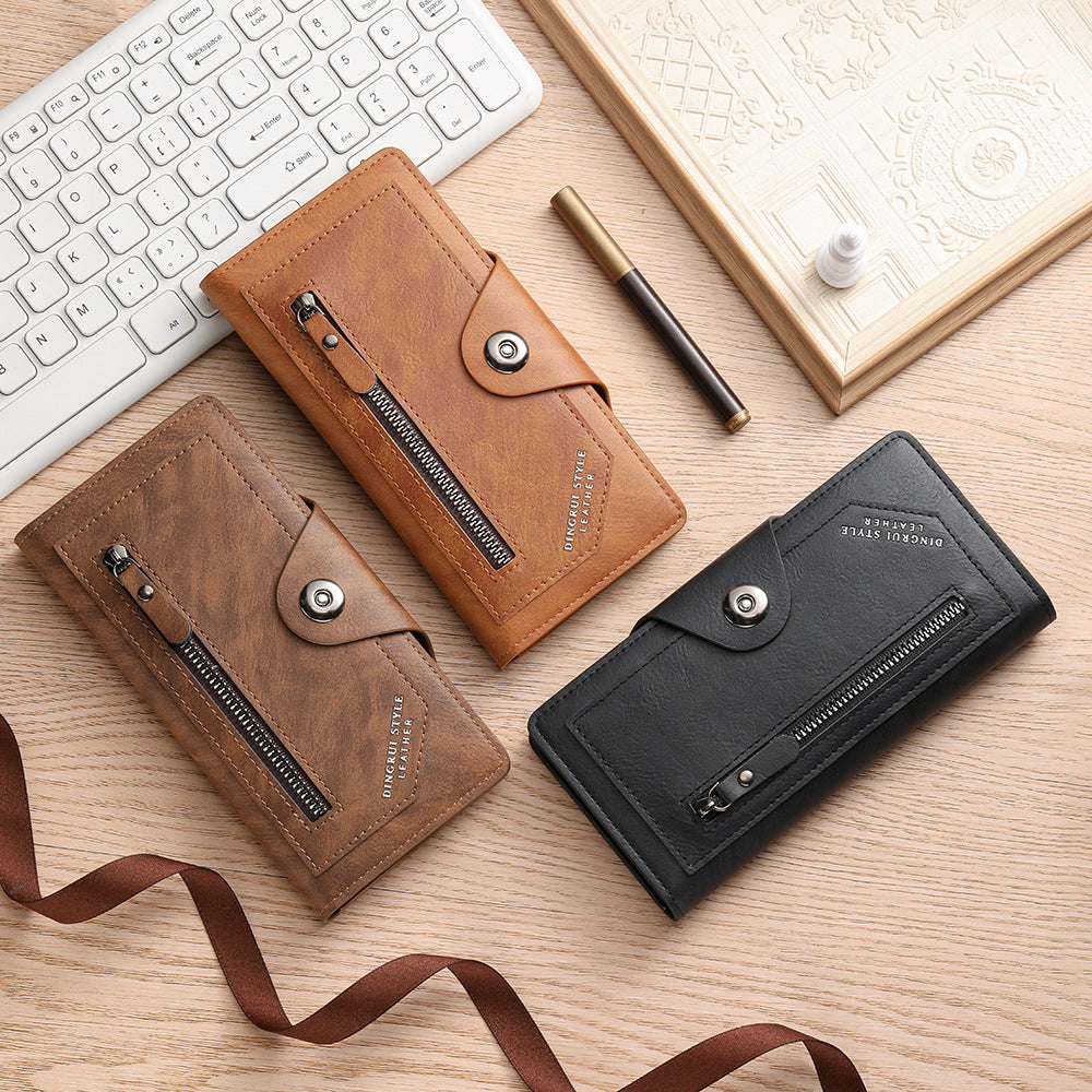 Light coffee Vintage Men's Long Wallet Slim PU Leather Clutch with Multi Card Slots and External Zipper Pocket, Large Capacity Fashion Purse for Daily Use