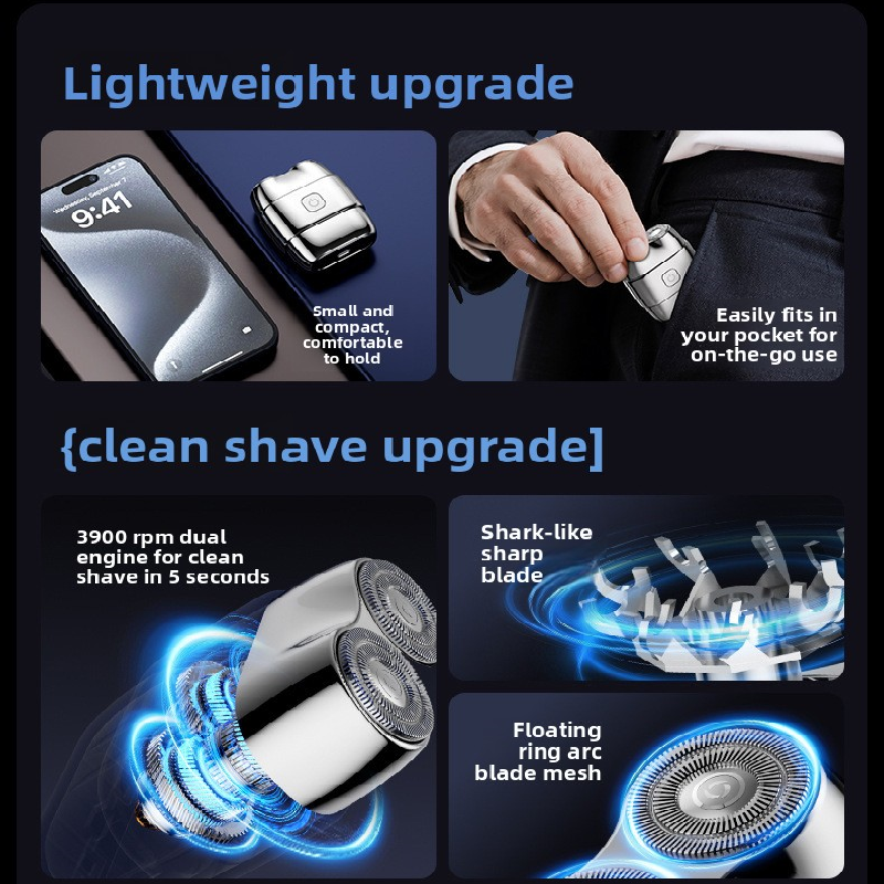 Silver Mini Electric Shaver with Dual Floating Heads Magnetic Suction and IPX5 Waterproofing for Men Travel Grooming Compact Rechargeable Razor AU Stock