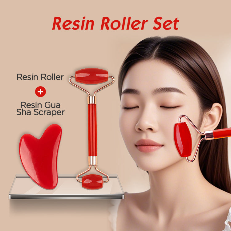 Transparent pink Dual-Head Resin Facial Roller and Heart-Shaped Gua Sha Set for Home SPA Skincare and Face Neck Massage