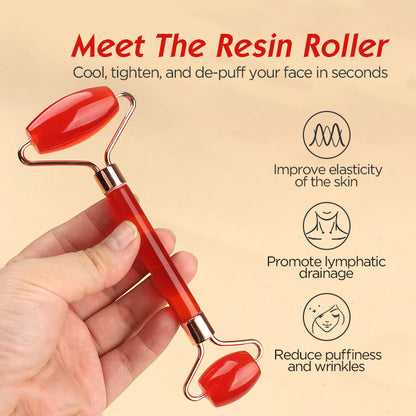 Transparent pink Dual-Head Resin Facial Roller and Heart-Shaped Gua Sha Set for Home SPA Skincare and Face Neck Massage