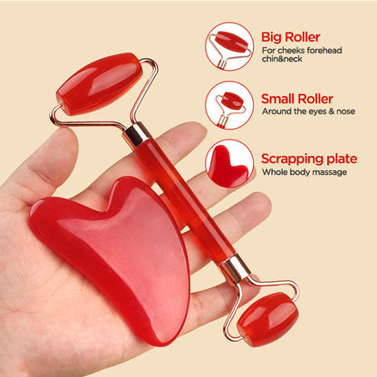 Transparent pink Dual-Head Resin Facial Roller and Heart-Shaped Gua Sha Set for Home SPA Skincare and Face Neck Massage