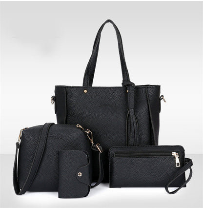 Black 4-Piece Women Bag Set Lychee Grain PU Leather Large Capacity Tote Shoulder Bag Crossbody Clutch and Card Holder for Daily Travel and Work Use