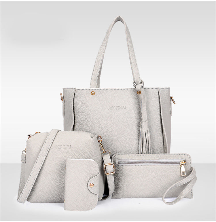 Grey 4-Piece Women Bag Set Lychee Grain PU Leather Large Capacity Tote Shoulder Bag Crossbody Clutch and Card Holder for Daily Travel and Work Use