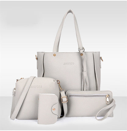 Grey 4-Piece Women Bag Set Lychee Grain PU Leather Large Capacity Tote Shoulder Bag Crossbody Clutch and Card Holder for Daily Travel and Work Use