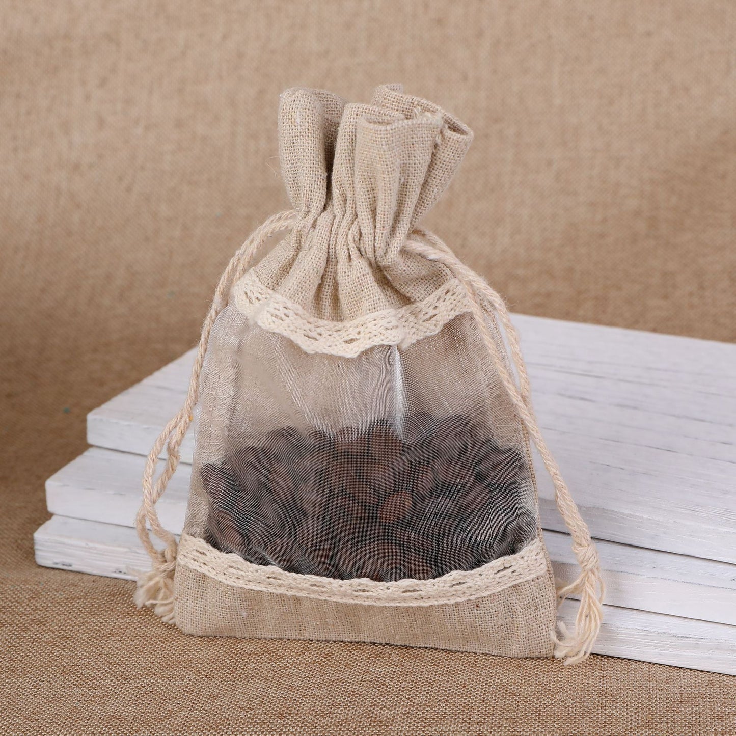 Brownish-gray 10 Pack Linen Canvas Drawstring Gift Bags with Lace Trim and Mesh Window 10x14cm Elegant Pouches for Jewelry Wedding Favours and Sachets