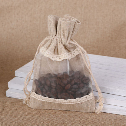 Brownish-gray 10 Pack Linen Canvas Drawstring Gift Bags with Lace Trim and Mesh Window 10x14cm Elegant Pouches for Jewelry Wedding Favours and Sachets