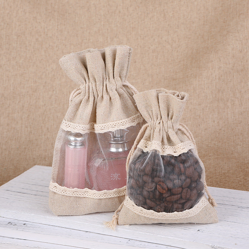 Brownish-gray 10 Pack Linen Canvas Drawstring Gift Bags with Lace Trim and Mesh Window 10x14cm Elegant Pouches for Jewelry Wedding Favours and Sachets