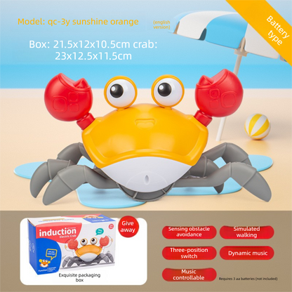 Electric Induction Crawling Crab Baby Toy Battery Operated with Silent Mode Music Off Switch Obstacle Avoidance Tummy Time Gift Sun Orange