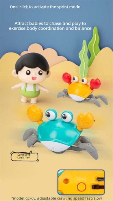 Electric Induction Crawling Crab Baby Toy Battery Operated with Silent Mode Music Off Switch Obstacle Avoidance Tummy Time Gift Sun Orange
