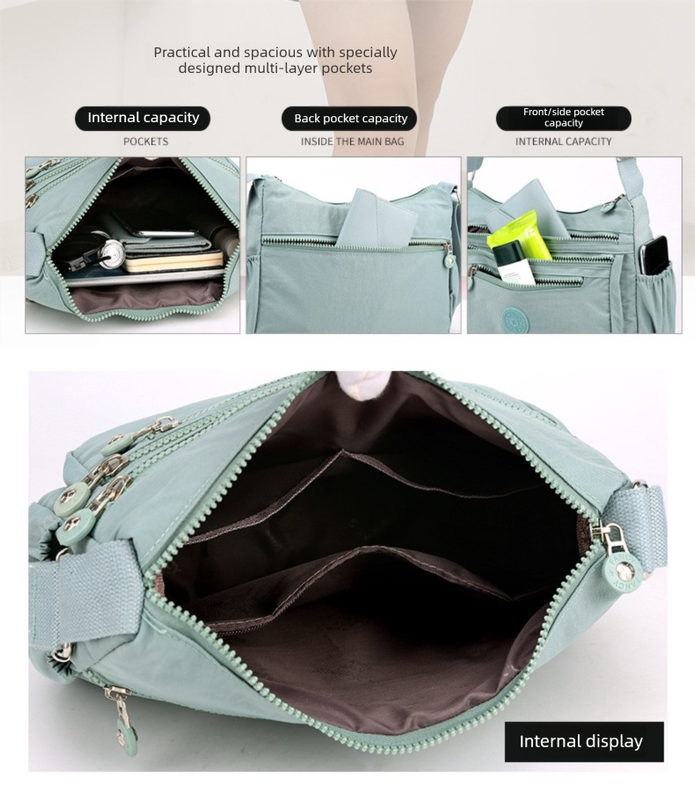 Women's Lightweight Nylon Crossbody Bag Waterproof Multi Pocket Shoulder Purse Travel Messenger Black