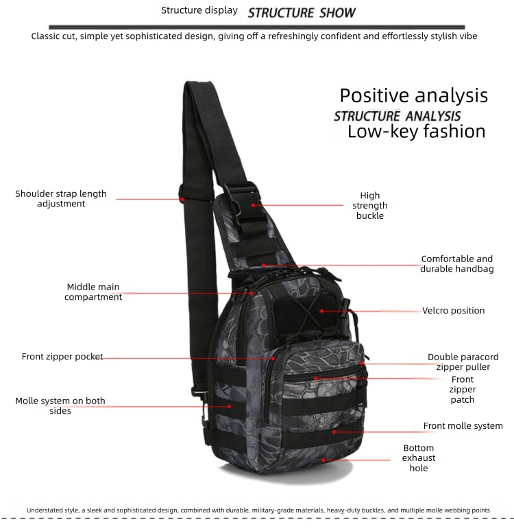 Tactical Sling Bag Black Python Camo 600D Waterproof Crossbody Backpack MOLLE EDC Shoulder Pack for Urban Outdoor