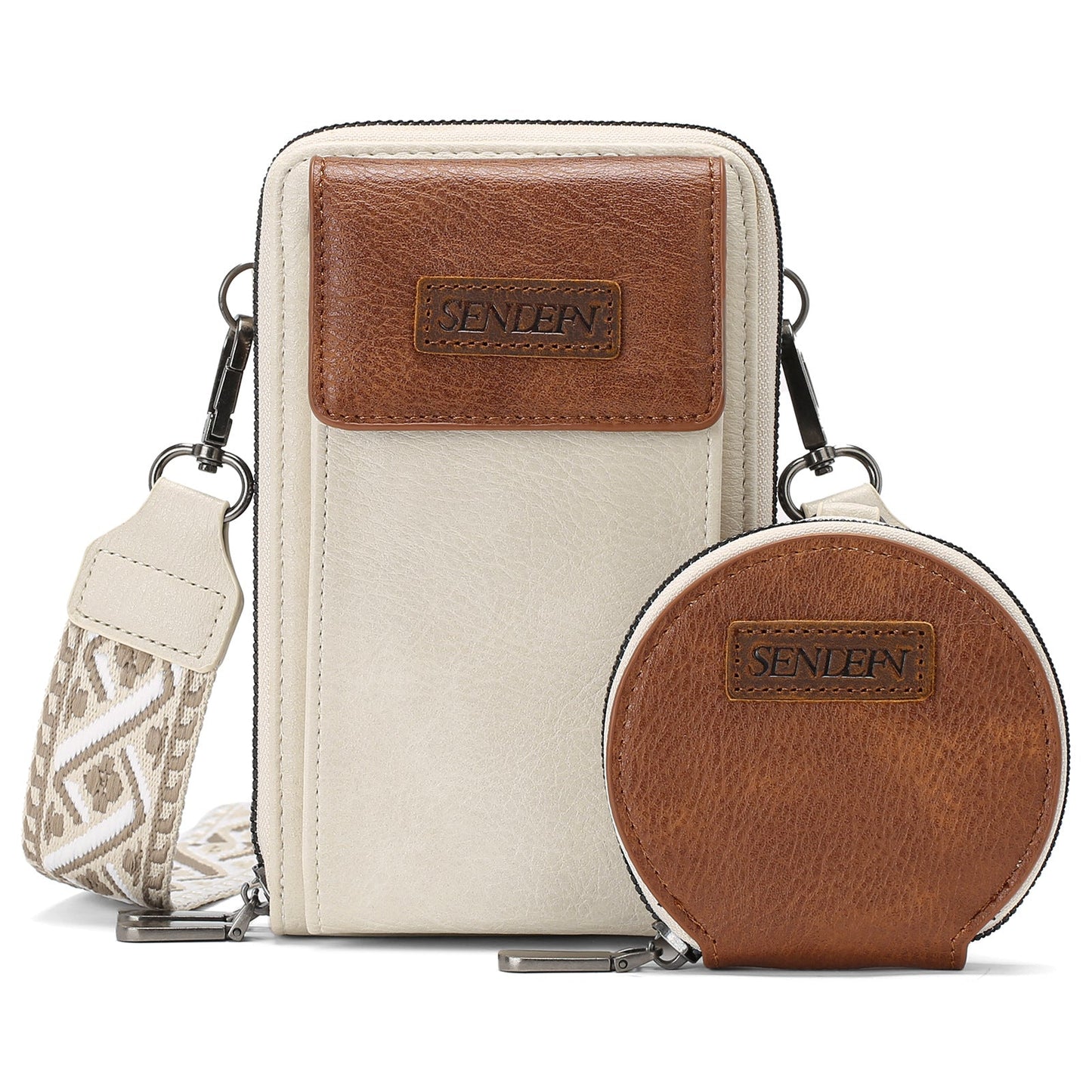 Women's Crossbody Phone Bag with Coin Pouch PU Leather Shoulder Purse Adjustable Wide Strap for Travel & Daily Use White & Brown