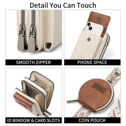 Women's Crossbody Phone Bag with Coin Pouch PU Leather Shoulder Purse Adjustable Wide Strap for Travel & Daily Use White & Brown