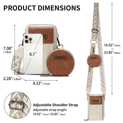 Women's Crossbody Phone Bag with Coin Pouch PU Leather Shoulder Purse Adjustable Wide Strap for Travel & Daily Use White & Brown