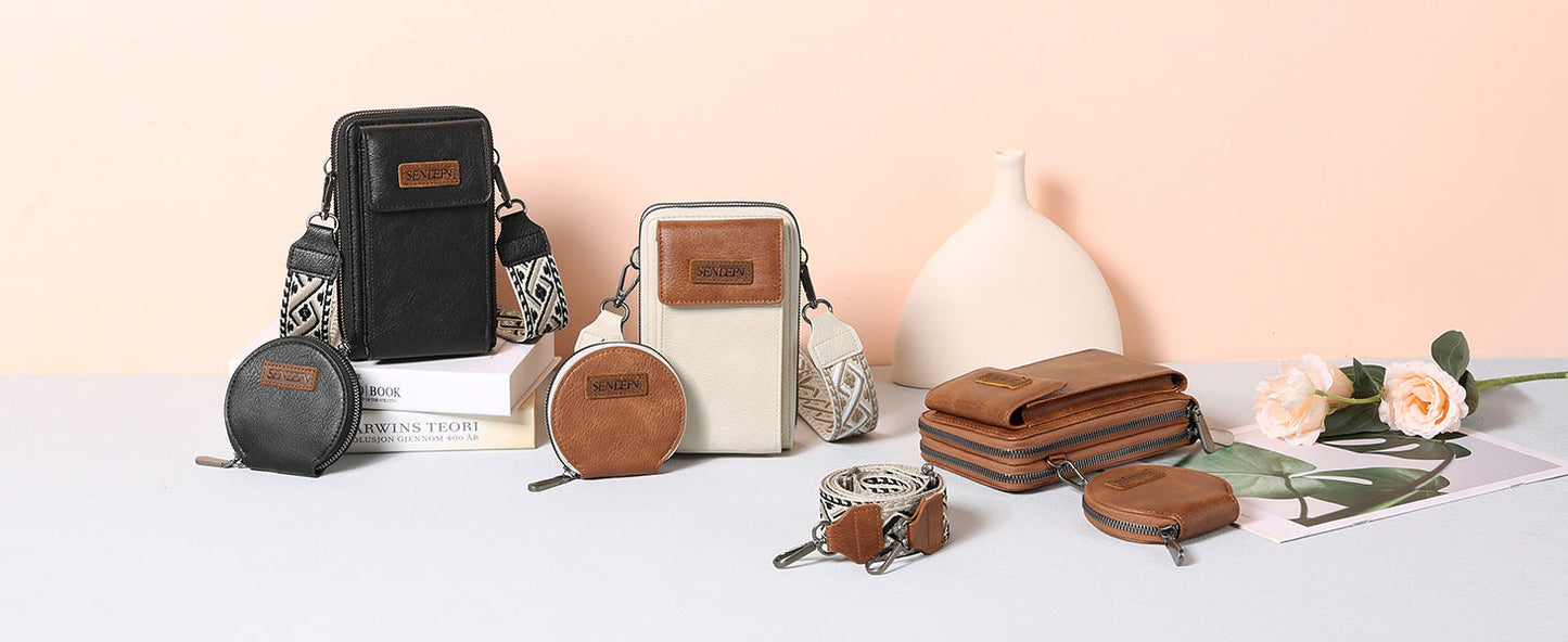 Women's Crossbody Phone Bag with Coin Pouch PU Leather Shoulder Purse Adjustable Wide Strap for Travel & Daily Use White & Brown