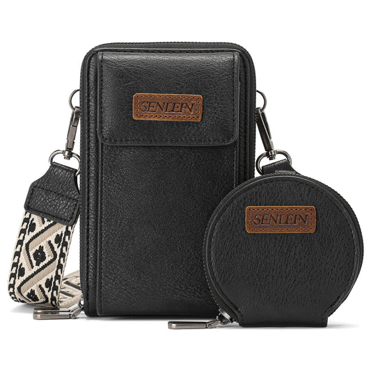 Women's Crossbody Phone Bag with Coin Pouch PU Leather Shoulder Purse Adjustable Wide Strap for Travel & Daily Use Black