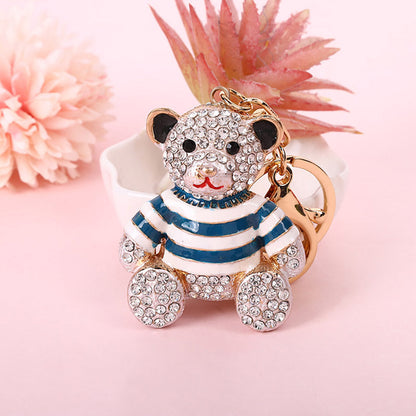 Blue Stripe Crystal Bear Keychain Sparkly Rhinestone Bag Charm Cute Alloy Keyring Gift