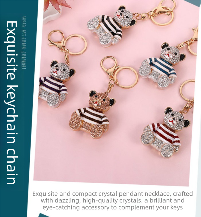 Blue Stripe Crystal Bear Keychain Sparkly Rhinestone Bag Charm Cute Alloy Keyring Gift