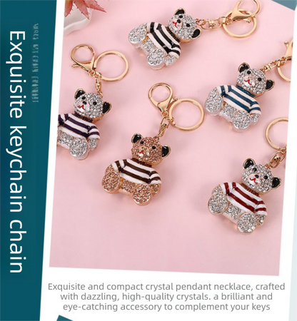 Blue Stripe Crystal Bear Keychain Sparkly Rhinestone Bag Charm Cute Alloy Keyring Gift