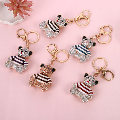 Blue Stripe Crystal Bear Keychain Sparkly Rhinestone Bag Charm Cute Alloy Keyring Gift