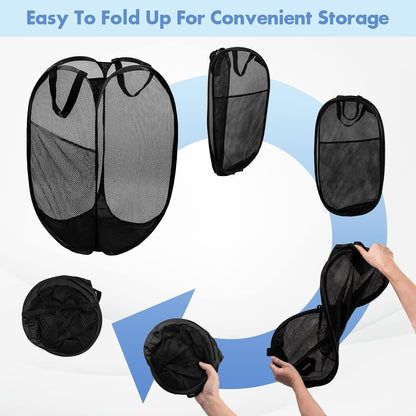 2 PCS Mesh Pop Up Laundry Hamper Collapsible Washing Basket with Side Pocket & Reinforced Handles Portable Dirty Clothes Bin for Dorm Travel & Toy Storage (Black & Grey)