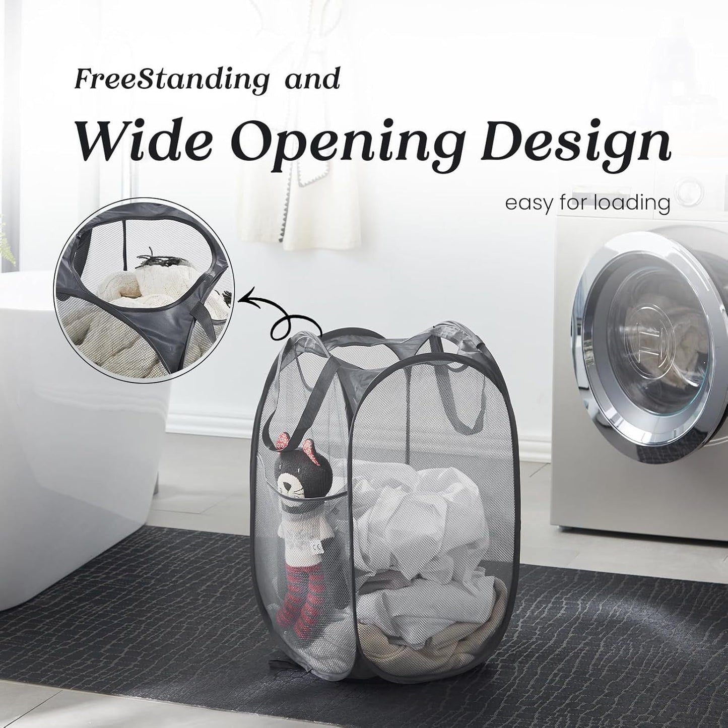 2 PCS Mesh Pop Up Laundry Hamper Collapsible Washing Basket with Side Pocket & Reinforced Handles Portable Dirty Clothes Bin for Dorm Travel & Toy Storage (Black & Grey)
