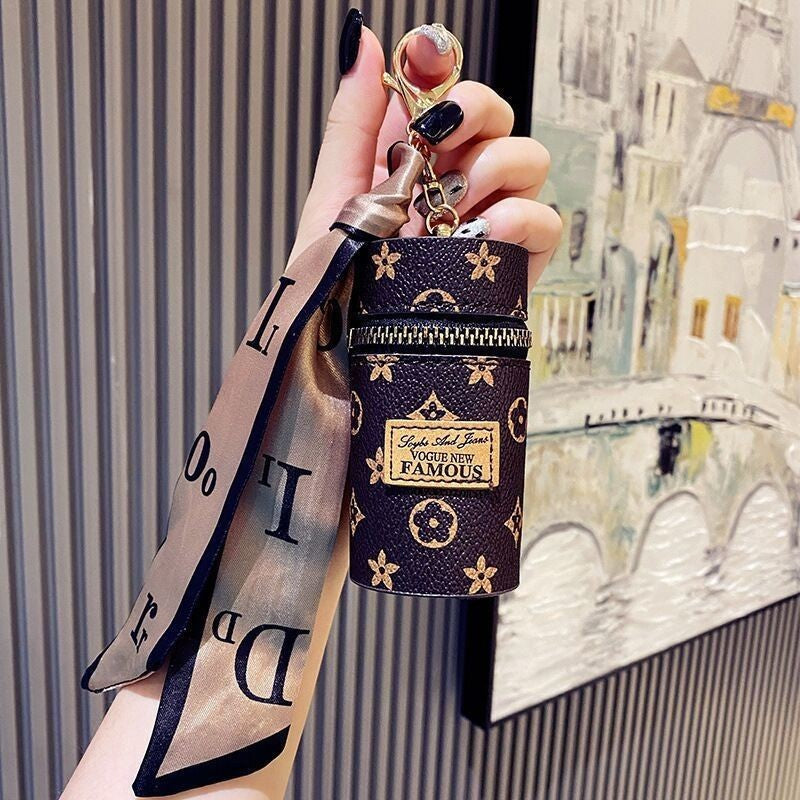 Purple Mini Cylinder Lipstick Case Keychain with Silk Scarf Charm PU Leather Coin Purse Bag Pendant for Earphones Keys Vintage Floral Pattern
