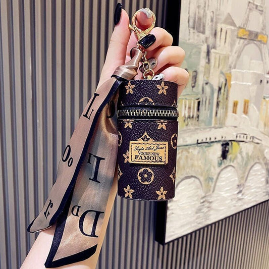 Purple Mini Cylinder Lipstick Case Keychain with Silk Scarf Charm PU Leather Coin Purse Bag Pendant for Earphones Keys Vintage Floral Pattern