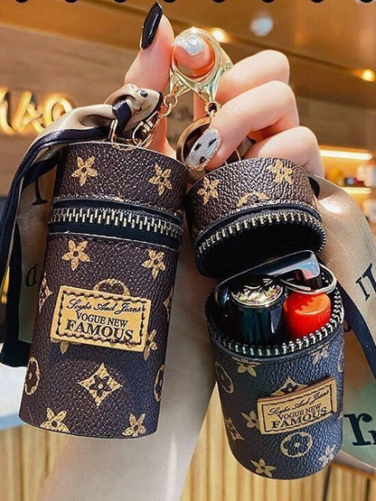 White Mini Cylinder Lipstick Case Keychain with Silk Scarf Charm PU Leather Coin Purse Bag Pendant for Earphones Keys Vintage Floral Pattern