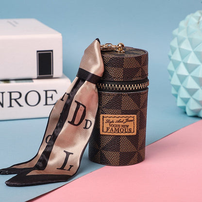 Women's Mini Cylinder Lipstick Case Keychain Brown Geometric Triangle Pattern Coin Purse with Silk Scarf Bag Charm for Earphones Keys
