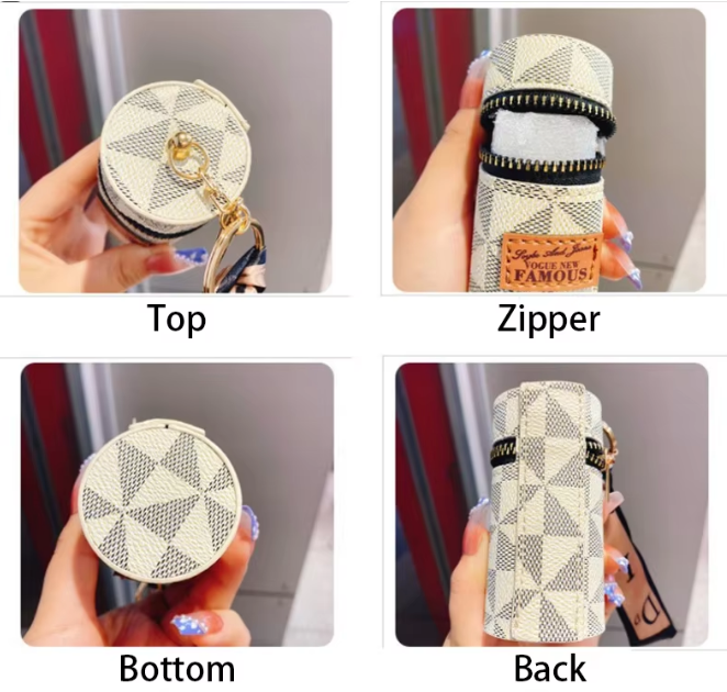Women's Mini Cylinder Lipstick Case Keychain White Geometric Triangle Pattern Coin Purse with Silk Scarf Bag Charm for Earphones Keys