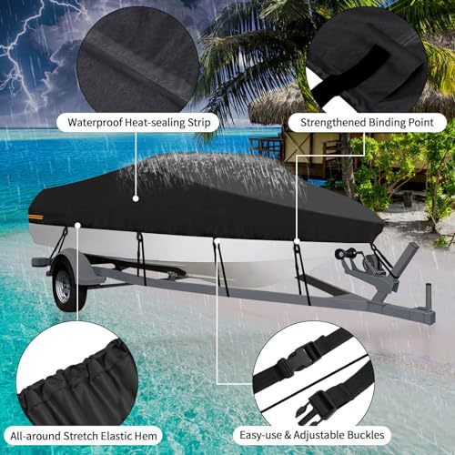 Waterproof Boat Cover 11-13ft Trailerable V-Hull Runabout UV Resistant Marine Grade Storage Tarpaulin with Straps (Black, 420cm x 270cm)