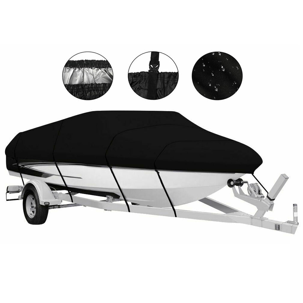 17-19ft Waterproof Boat Cover Trailerable V-Hull Runabout UV Resistant Marine Grade Storage Tarpaulin with Straps (Black, 600cm x 310cm)