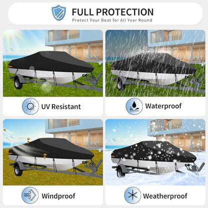 20-22ft Waterproof Boat Cover Trailerable V-Hull Runabout UV Resistant Marine Grade Storage Tarpaulin with Straps (Black, 700cm x 320cm)