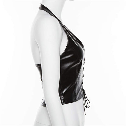 Women's Faux Leather Halter Crop Top Sexy Lace Up Deep V Camisole Gothic Punk Rave Festival Clubwear (Black, Size S)