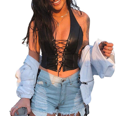 Women's Faux Leather Halter Crop Top Sexy Lace Up Deep V Camisole Gothic Punk Rave Festival Clubwear (Black, Size S)