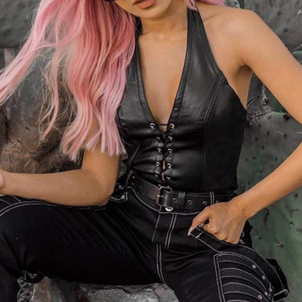 Women's Faux Leather Halter Crop Top Sexy Lace Up Deep V Camisole Gothic Punk Rave Festival Clubwear (Black, Size M)