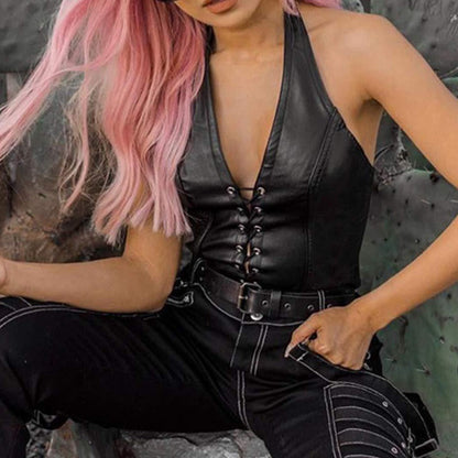 Women's Faux Leather Halter Crop Top Sexy Lace Up Deep V Camisole Gothic Punk Rave Festival Clubwear (Black, Size M)