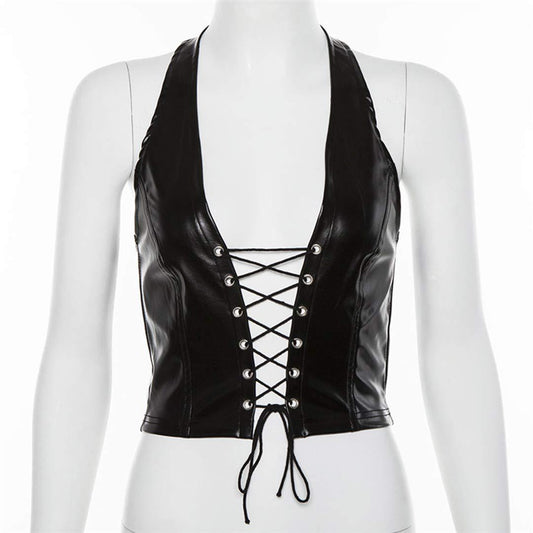 Women's Faux Leather Halter Crop Top Sexy Lace Up Deep V Camisole Gothic Punk Rave Festival Clubwear (Black, Size L)